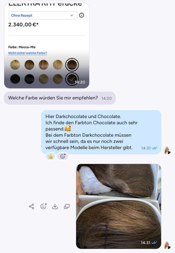 WhatsApp-Farbberatung: Foto geschickt, Farbton empfohlen, Empfehlung passt