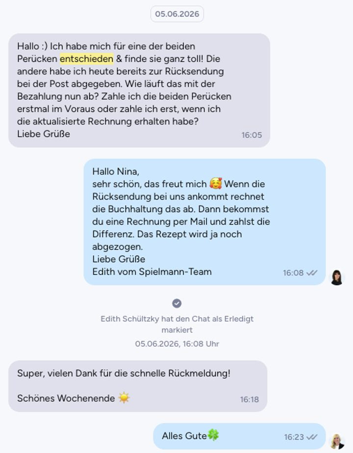WhatsApp-Chat: unkomplizierte Rücksendung, Rechnung wird angepasst