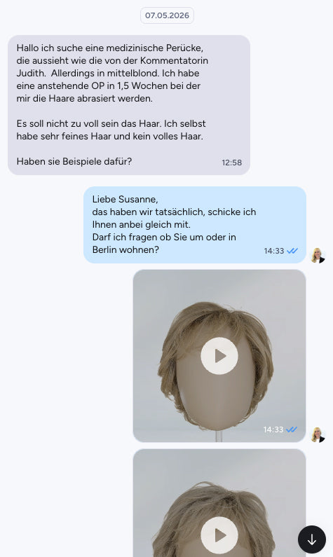 WhatsApp-Chat: Beraterin empfiehlt Farbe und Modell, mit Produktbild